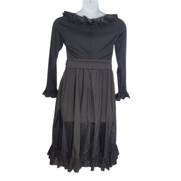 VINTAGE 60s dress black ruffle long sleeve scoop neck midi S - Picture 2 of 11